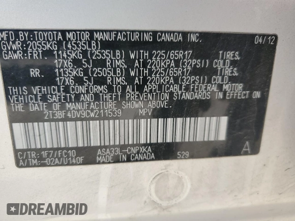 2012 Toyota RAV4 with VIN 2T3BF4DV9CW211539, listed as a Copart auction lot 58078425 with 201,459 mi miles and Salvage title. Bid and sale history available at DreamBid. Image 13.