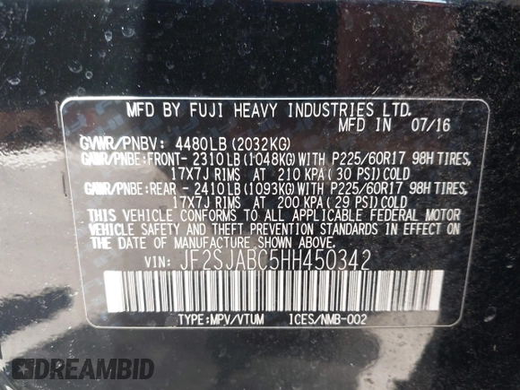 2017 Subaru Forester with VIN JF2SJABC5HH450342, listed as a IAAI auction lot 41872990 with 98,924 mi miles. Bid and sale history available at carsss.com. Image 9.
