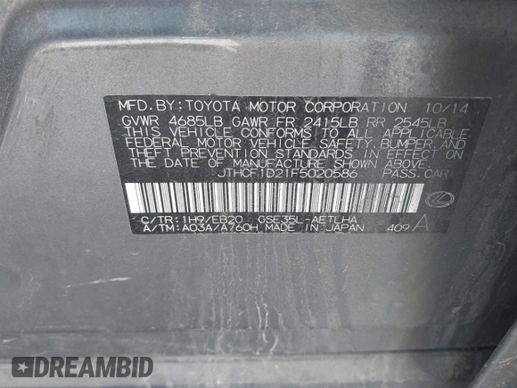 2015 Lexus IS 250 z VIN JTHCF1D21F5020586, wystawiony jako IAAI lot #41690336 z przebiegiem Nie podano mil oraz . Historia ofert i sprzedaży dostępna na DreamBid. Obrazek 9.