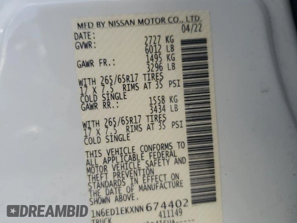 2022 Nissan Frontier Pro-4X with VIN 1N6ED1EKXNN674402, listed as a Copart auction lot 57417245 with 13,986 mi miles and Salvage title. Bid and sale history available at DreamBid. Image 12.