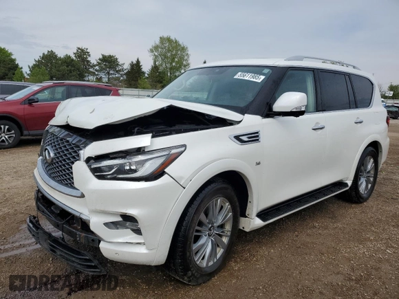 2019 Infiniti QX80 Luxe z VIN JN8AZ2NEXK9235292, wystawiony jako Copart lot #55611985 z przebiegiem 61 988 mil mil oraz Szkoda całkowita • Salvage title. Historia ofert i sprzedaży dostępna na DreamBid. Obrazek 1.