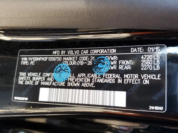 2015 Volvo S60 T5 Drive-E Platinum with VIN YV126MFM3F1358750, listed as a Copart auction lot 63055013 with 60,500 mi miles. Bid and sale history available at carsss.com. Image 13.