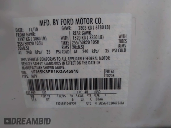 2019 Ford Explorer Limited with VIN 1FM5K8F81KGA45918, listed as a IAAI auction lot 41611883 with Not provided miles and . Bid and sale history available at DreamBid. Image 9.