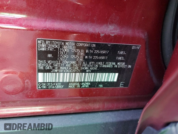 2019 Toyota RAV4 XLE with VIN JTMP1RFV2KD039171, listed as a Copart auction lot 82153374 with 64,482 mi miles and Salvage Title. Bid and sale history available at carsss.com. Image 13.