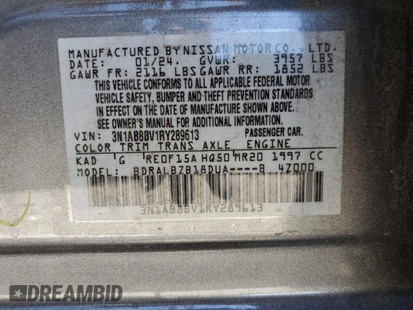 2024 Nissan Sentra S with VIN 3N1AB8BV1RY289613, listed as a Copart auction lot 59392035 with 20,298 mi miles and Salvage title. Bid and sale history available at DreamBid. Image 13.