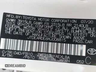 2021 Toyota Corolla Hybrid LE with VIN JTDEAMDE6MJ008815, listed as a IAAI auction lot 41586643 with 7,548 mi miles. Bid and sale history available at carsss.com. Image 9.