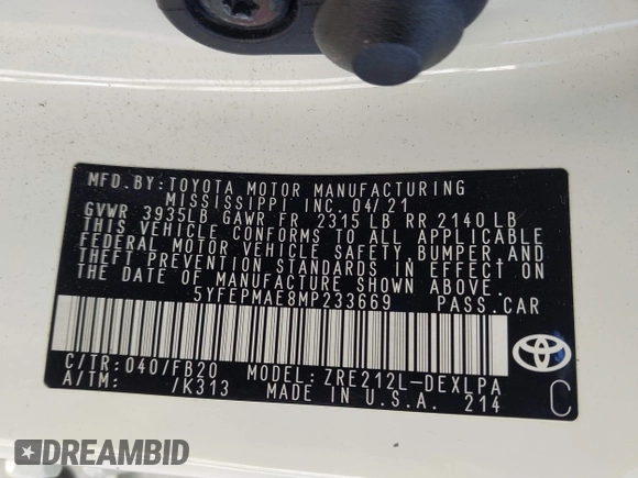 2021 Toyota Corolla LE with VIN 5YFEPMAE8MP233669, listed as a IAAI auction lot 41774096 with 126,483 mi miles and . Bid and sale history available at DreamBid. Image 9.