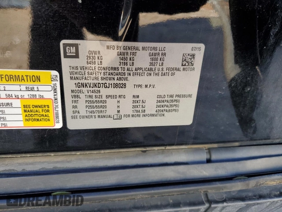 2016 Chevrolet Traverse LTZ with VIN 1GNKVJKD7GJ108028, listed as a Copart auction lot 84948324 with 134,322 mi miles and Salvage Title. Bid and sale history available at DreamBid. Image 15.
