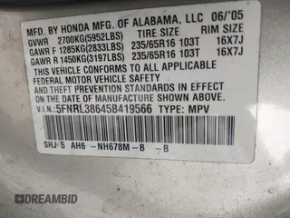 2005 Honda Odyssey EX-L with VIN 5FNRL38645B419566, listed as a IAAI auction lot 42104083 with 255,274 mi miles and . Bid and sale history available at carsss.com. Image 9.