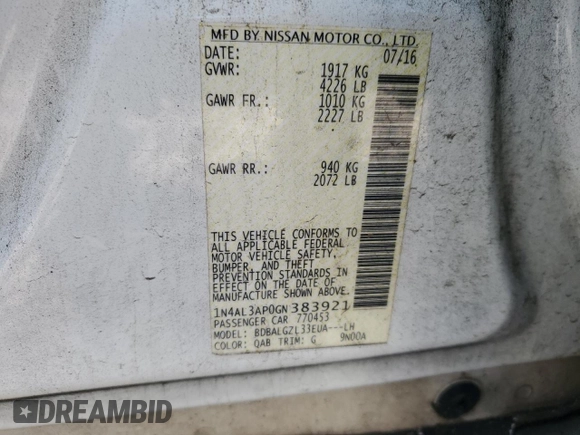 2016 Nissan Altima S z VIN 1N4AL3AP0GN383921, wystawiony jako Copart lot #57461905 z przebiegiem 183 342 mil mil oraz Szkoda całkowita • Salvage title. Historia ofert i sprzedaży dostępna na DreamBid. Obrazek 12.
