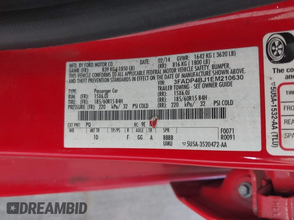 2014 Ford Fiesta SE with VIN 3FADP4BJ1EM210630, listed as a IAAI auction lot 42117897 with 102,553 mi miles and . Bid and sale history available at DreamBid. Image 9.