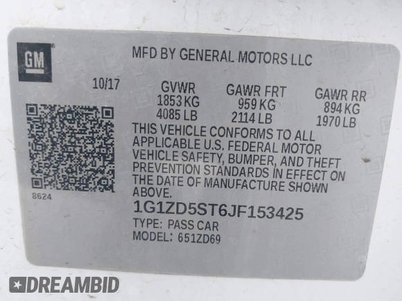 2018 Chevrolet Malibu LT with VIN 1G1ZD5ST6JF153425, listed as a IAAI auction lot 41968505 with 141,821 mi miles and . Bid and sale history available at DreamBid. Image 9.