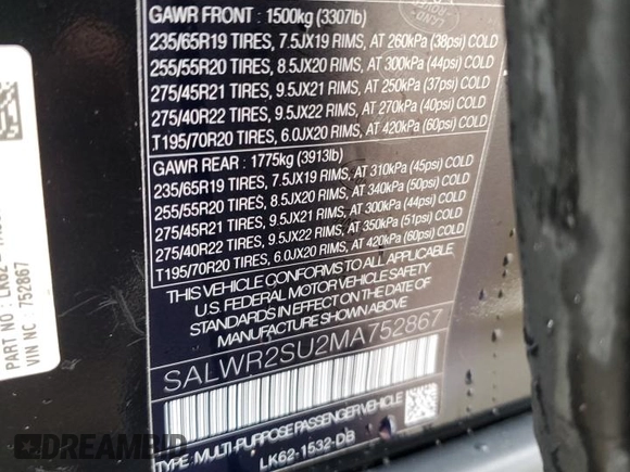 2021 Land Rover Range Rover Sport HSE Silver Edition with VIN SALWR2SU2MA752867, listed as a Copart auction lot 48233955 with 21,411 mi miles and Salvage title. Bid and sale history available at DreamBid. Image 14.