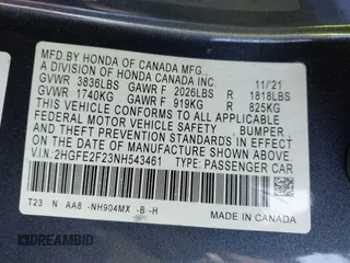2022 Honda Civic Sedan LX with VIN 2HGFE2F23NH543461, listed as a IAAI auction lot 41262916 with 1 mi miles. Bid and sale history available at carsss.com. Image 9.