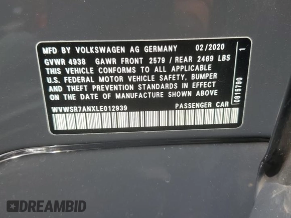 2020 Volkswagen Arteon SE R-Line with VIN WVWSR7ANXLE012939, listed as a Copart auction lot 68268484 with 31,006 mi miles and Salvage title. Bid and sale history available at DreamBid. Image 12.