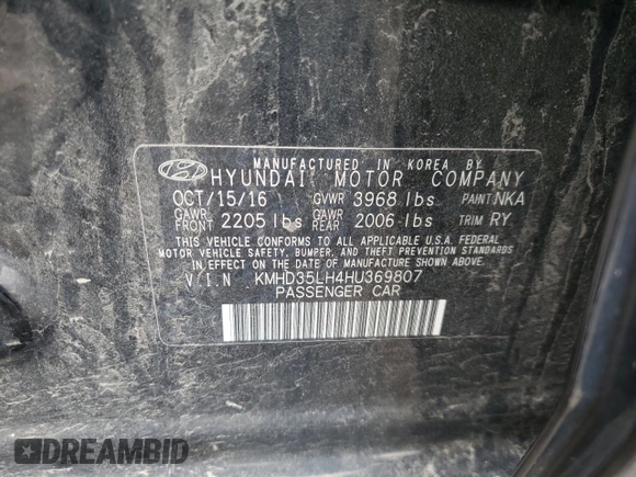 2017 Hyundai Elantra с VIN KMHD35LH4HU369807, выставлен на аукционе Copart как лот 55454745 с пробегом 118 326 миль миль и Списание • Salvage title. История ставок и продаж доступна на DreamBid. Изображение 12.