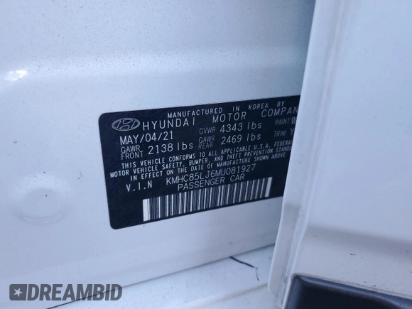 2021 Hyundai Ioniq Limited with VIN KMHC85LJ6MU081927, listed as a Copart auction lot 83955944 with 27,324 mi miles and Salvage title. Bid and sale history available at DreamBid. Image 14.