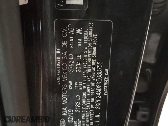 2019 Kia Forte LXS with VIN 3KPF24AD8KE088755, listed as a Copart auction lot 48247755 with 116,745 mi miles and Clean title. Bid and sale history available at DreamBid. Image 13.