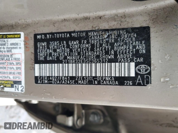 2005 Toyota Corolla CE with VIN 2T1BR32E35C365312, listed as a Copart auction lot 51673985 with 156,493 mi miles and Salvage title. Bid and sale history available at DreamBid. Image 14.