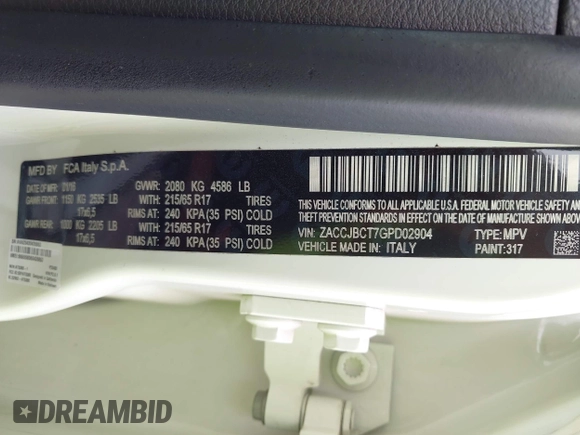 2016 Jeep Renegade Trailhawk with VIN ZACCJBCT7GPD02904, listed as a IAAI auction lot 42847059 with 136,016 mi miles and . Bid and sale history available at DreamBid. Image 9.