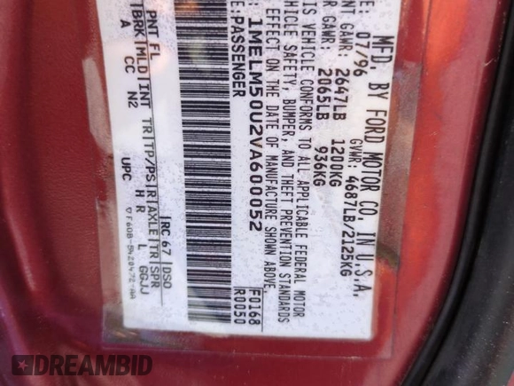 1997 Mercury Sable GS with VIN 1MELM50U2VA600052, listed as a Copart auction lot 58556795 with 65,848 mi miles and Salvage title. Bid and sale history available at DreamBid. Image 12.