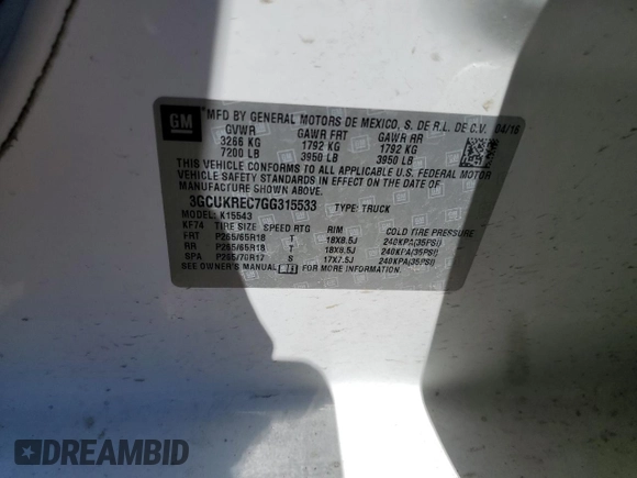 2016 Chevrolet Silverado 1500 LT with VIN 3GCUKREC7GG315533, listed as a Copart auction lot 50883675 with 156,035 mi miles and Salvage Title. Bid and sale history available at DreamBid. Image 14.