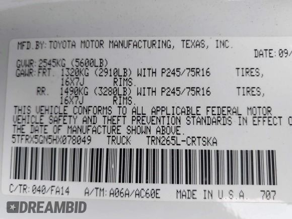 2017 Toyota Tacoma SR z VIN 5TFRX5GN5HX078049, wystawiony jako IAAI lot #42063533 z przebiegiem 256 585 mil mil oraz . Historia ofert i sprzedaży dostępna na DreamBid. Obrazek 9.