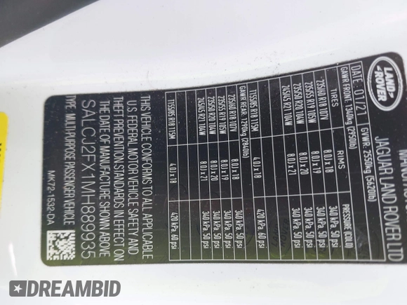2021 Land Rover Discovery Sport S z VIN SALCJ2FX1MH889935, wystawiony jako IAAI lot #42633260 z przebiegiem 35 779 mil mil oraz . Historia ofert i sprzedaży dostępna na DreamBid. Obrazek 9.