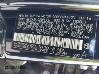 2016 Toyota Prius One with VIN JTDKDTB39G1125346, listed as a IAAI auction lot 42010865 with 87,795 mi miles and . Bid and sale history available at DreamBid. Image 9.
