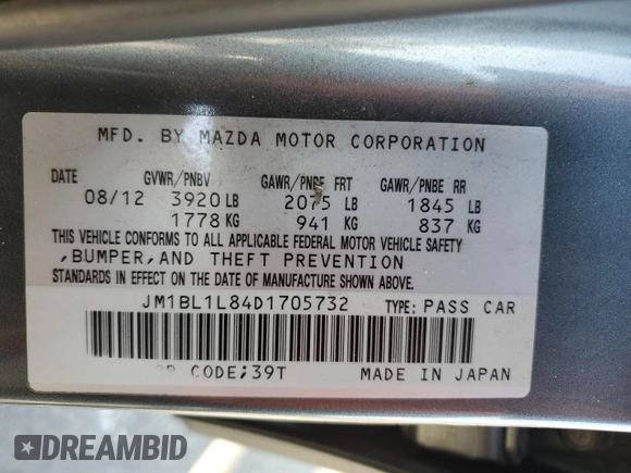 2013 Mazda 3 i Touring with VIN JM1BL1L84D1705732, listed as a Copart auction lot 80083554 with Not provided miles and Salvage title. Bid and sale history available at DreamBid. Image 15.