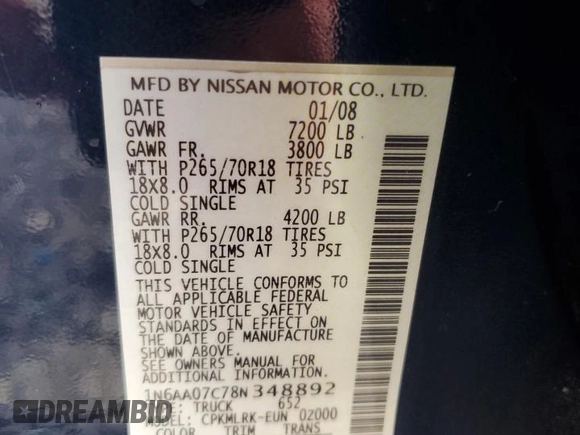 2008 Nissan Titan XE with VIN 1N6AA07C78N348892, listed as a Copart auction lot 52033525 with 359,461 mi miles and Salvage title. Bid and sale history available at DreamBid. Image 14.