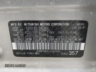 2018 Mitsubishi Outlander Sport ES 2.0 with VIN JA4AP3AUXJU022305, listed as a IAAI auction lot 41662767 with 43,527 mi miles. Bid and sale history available at carsss.com. Image 9.