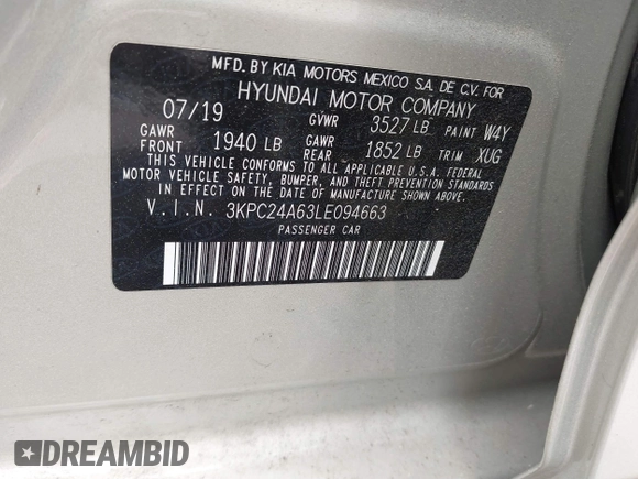 2020 Hyundai Accent SE with VIN 3KPC24A63LE094663, listed as a IAAI auction lot 41950956 with 64,507 mi miles. Bid and sale history available at carsss.com. Image 9.