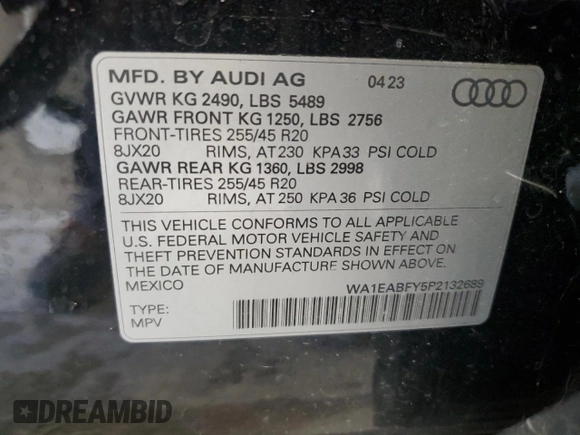 2023 Audi Q5 S line Premium Plus with VIN WA1EABFY5P2132689, listed as a Copart auction lot 66293274 with 12,180 mi miles and Salvage Title. Bid and sale history available at DreamBid. Image 13.
