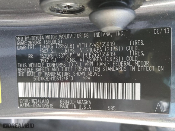 2013 Toyota Highlander Limited with VIN 5TDYK3EH1DS124813, listed as a Copart auction lot 50069895 with 0 mi miles and Salvage Title. Bid and sale history available at carsss.com. Image 13.