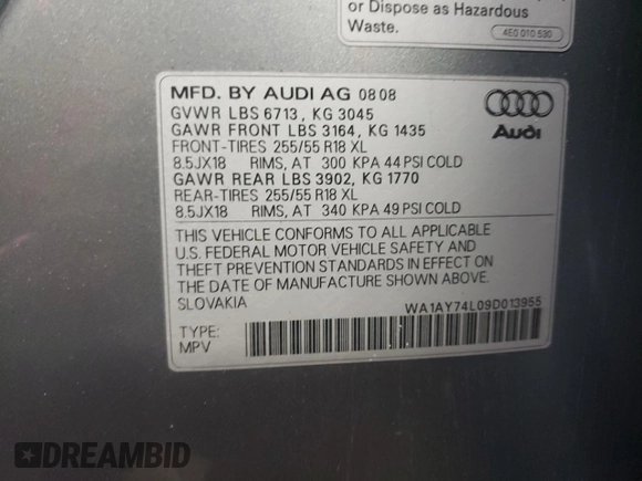 2009 Audi Q7 with VIN WA1AY74L09D013955, listed as a Copart auction lot 86772864 with 122,588 mi miles and Salvage Title. Bid and sale history available at carsss.com. Image 12.