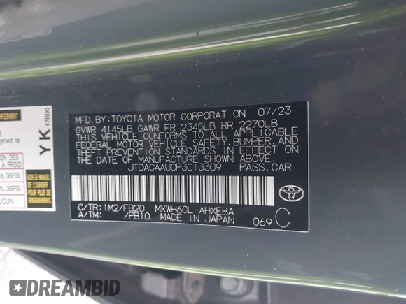 2023 Toyota Prius LE with VIN JTDACAAU0P3013309, listed as a IAAI auction lot 41567923 with 44,473 mi miles and . Bid and sale history available at DreamBid. Image 9.