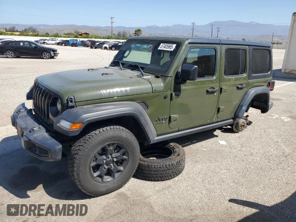 2021 Jeep Wrangler Unlimited Willys z VIN 1C4HJXDN5MW683606, wystawiony jako Copart lot #57485965 z przebiegiem 71 574 mil mil oraz Szkoda całkowita • Salvage title. Historia ofert i sprzedaży dostępna na DreamBid. Obrazek 1.