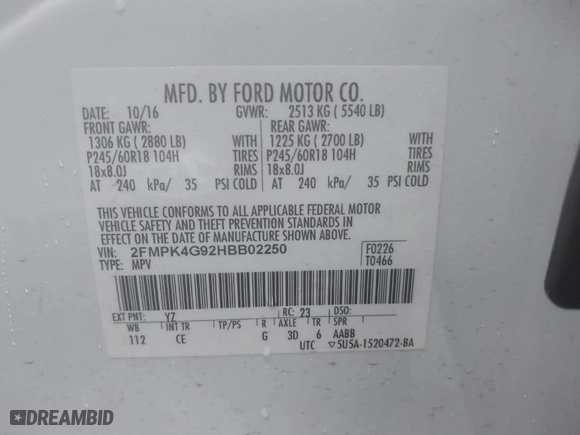 2017 Ford Edge SE with VIN 2FMPK4G92HBB02250, listed as a IAAI auction lot 41149982 with 108,505 mi miles. Bid and sale history available at carsss.com. Image 9.