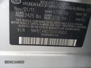 2012 Hyundai Sonata 2.4L Limited PZEV with VIN 5NPEC4AC7CH408953, listed as a Copart auction lot 55077365 with 171,333 mi miles and Clean Title. Bid and sale history available at carsss.com. Image 12.