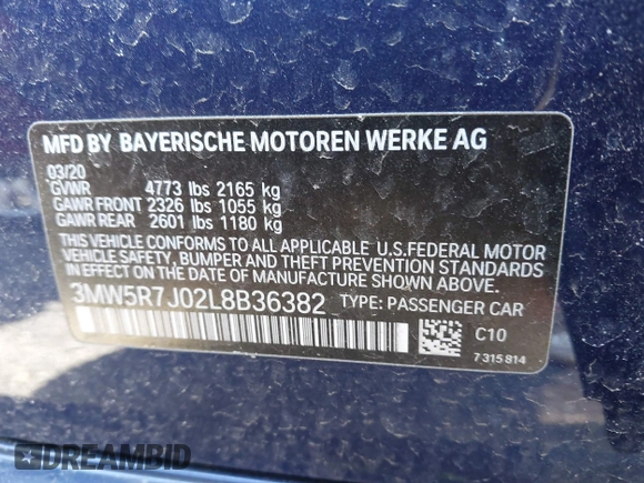 2020 BMW 3 Series 330i xDrive with VIN 3MW5R7J02L8B36382, listed as a IAAI auction lot 41715034 with 67,964 mi miles. Bid and sale history available at carsss.com. Image 9.