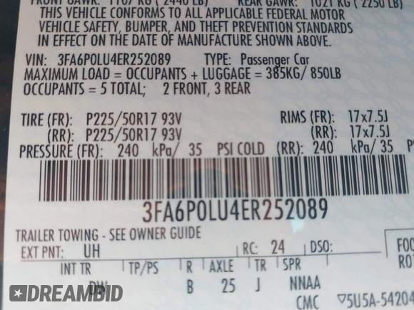 2014 Ford Fusion SE Hybrid with VIN 3FA6P0LU4ER252089, listed as a IAAI auction lot 41982070 with 47,512 mi miles. Bid and sale history available at carsss.com. Image 9.