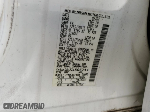 2007 Infiniti QX56 with VIN 5N3AA08C27N806244, listed as a Copart auction lot 68351094 with 143,854 mi miles and Salvage Title. Bid and sale history available at carsss.com. Image 13.