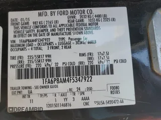 2015 Ford Mustang V6 with VIN 1FA6P8AM4F5347922, listed as a Copart auction lot 57309245 with 163,871 mi miles and Salvage title. Bid and sale history available at DreamBid. Image 12.