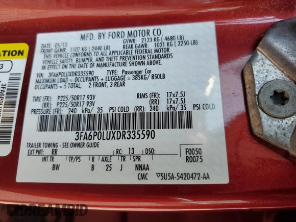 2013 Ford Fusion SE Hybrid z VIN 3FA6P0LUXDR335590, wystawiony jako Copart lot #60541395 z przebiegiem 121 975 mil mil oraz Szkoda całkowita • Salvage title. Historia ofert i sprzedaży dostępna na DreamBid. Obrazek 12.