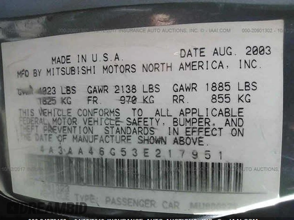 2003 Mitsubishi Galant ES z VIN 4A3AA46G53E217951, wystawiony jako IAAI lot #24872153 z przebiegiem 155 114 mil mil oraz . Historia ofert i sprzedaży dostępna na DreamBid. Obrazek 5.