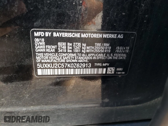 2019 BMW X6 xDrive35i with VIN 5UXKU2C57K0Z62913, listed as a Copart auction lot 70835223 with 56,985 mi miles. Bid and sale history available at carsss.com. Image 13.