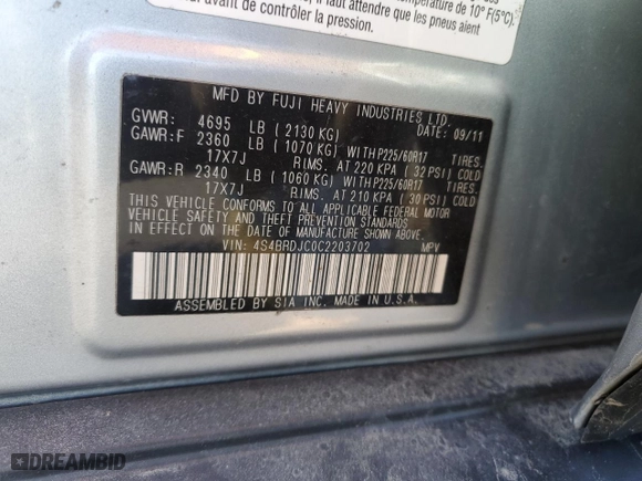 2012 Subaru Outback 3.6R Limited with VIN 4S4BRDJC0C2203702, listed as a Copart auction lot 50707185 with 63,922 mi miles and Salvage Title. Bid and sale history available at carsss.com. Image 12.