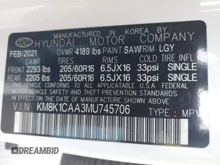 2021 Hyundai Kona SE z VIN KM8K1CAA3MU745706, wystawiony jako IAAI lot #41663139 z przebiegiem 54 286 mil mil oraz . Historia ofert i sprzedaży dostępna na DreamBid. Obrazek 9.