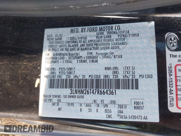 2007 Lincoln MKZ with VIN 3LNHM26T47R664361, listed as a IAAI auction lot 42484490 with 179,687 mi miles and . Bid and sale history available at DreamBid. Image 9.